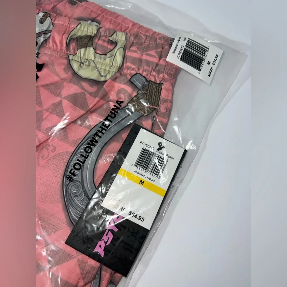 NWT Psycho Tuna Medium Blush Pink Hawaiian Hooks Print Board Shorts Swim‎ Trunks